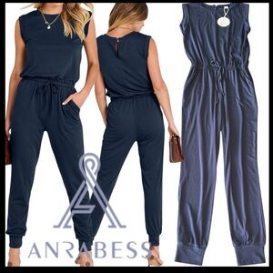 NWT Anrabess Navy Crewneck Sleeveless Stretchy Jumpsuit (S)